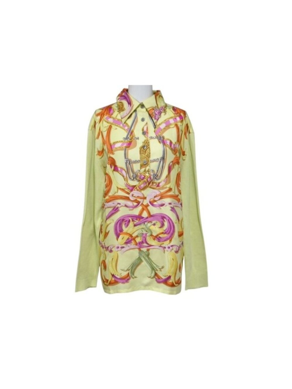 Hermes Twillaine Long Sleeve Polo Shirt Carre Silk Cotton Lime Green Vintage L